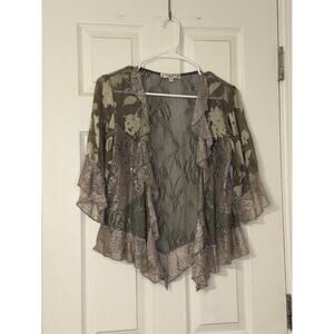 Spencer Alexis Petites Boho Lace Patchwork Cardigan Sequin Mesh Open Front P/S